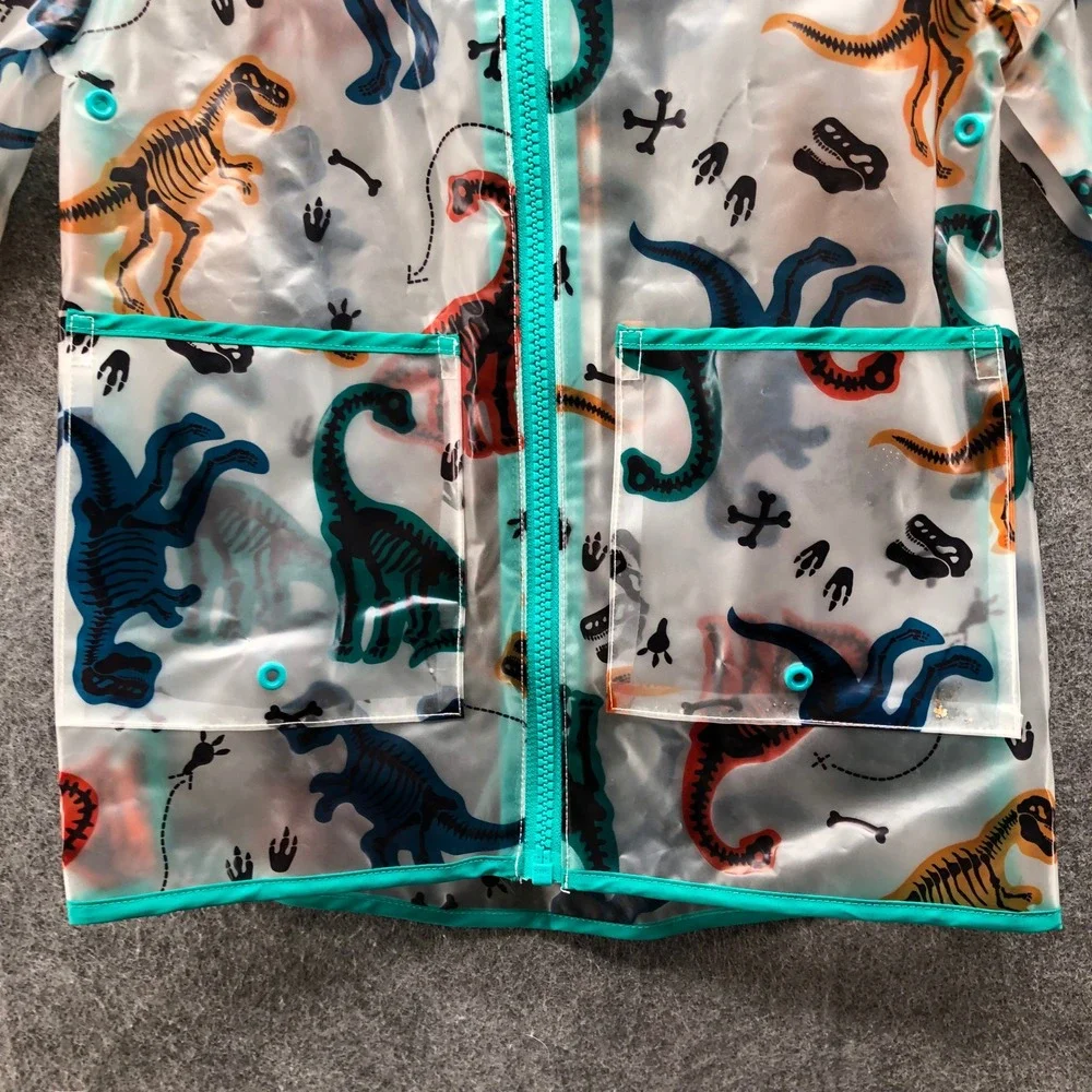 Lily & Dan Dinosaur Skeleton Raincoat Boys XS 4-5 Clear Teal Hooded Jacket Zip